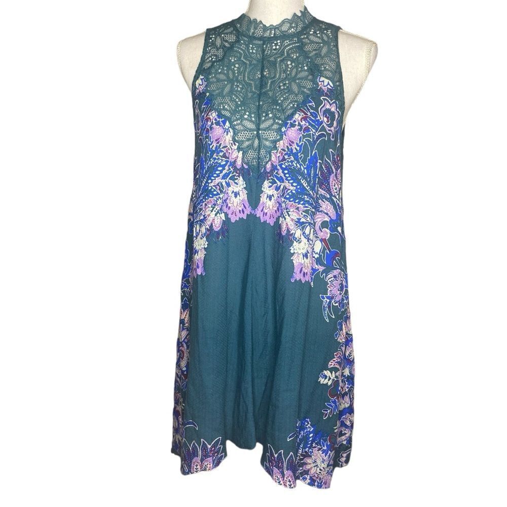 FREE PEOPLE Wm’s Sz Med Green Blue Marsha Print Slip Dress